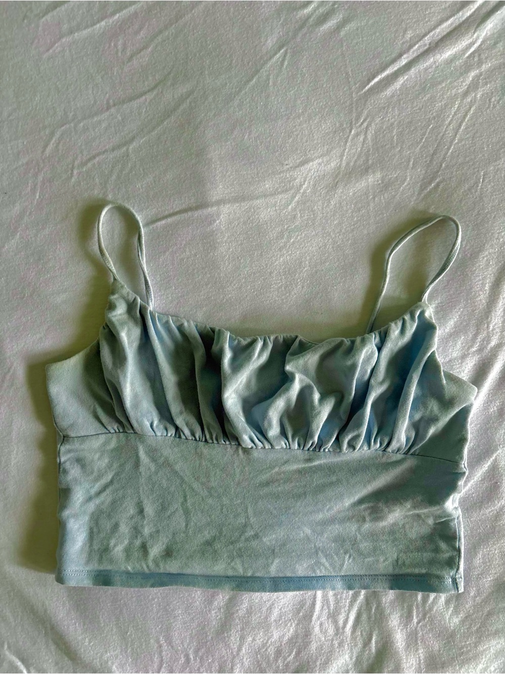 Ruched Spaghetti Strap Crop Top in Light Blue Size Small